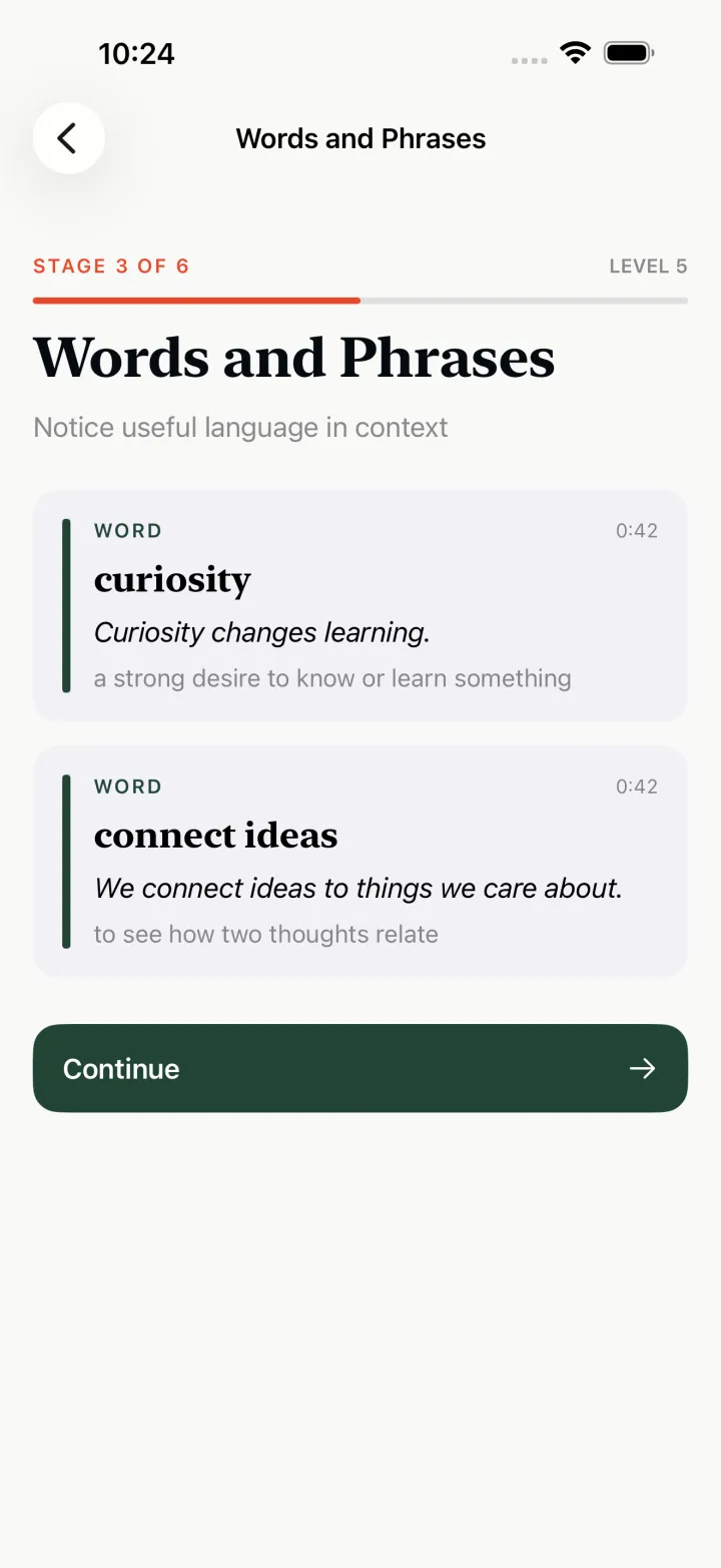 Kindling words and phrases screen showing a definition and a usage note for two saved items.
