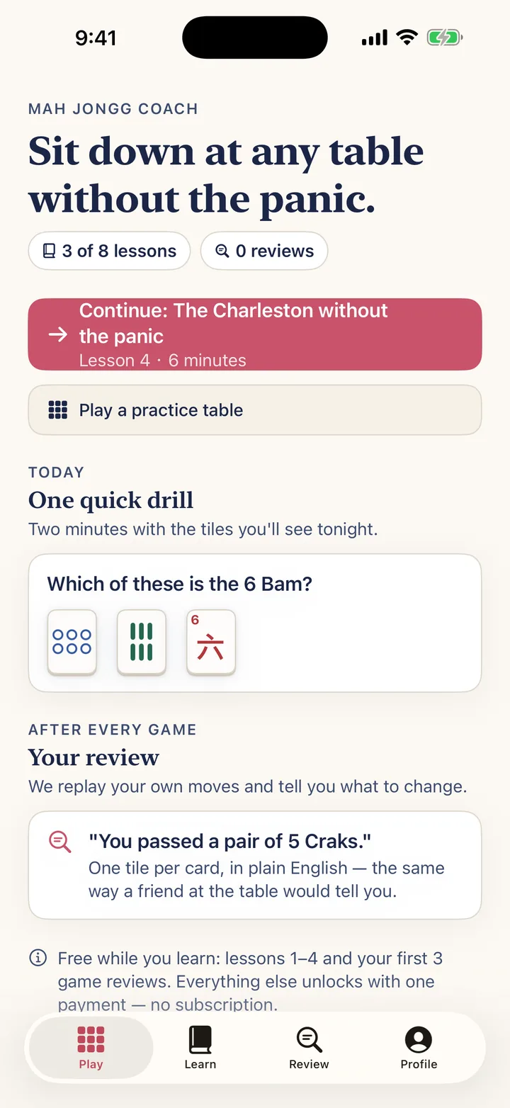 Mahj Coach home screen with the next lesson, a practice table, and a quick tile drill.