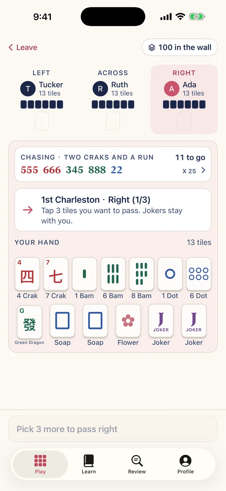 Mahj Coach practice table during the Charleston, with three tiles chosen to pass right.