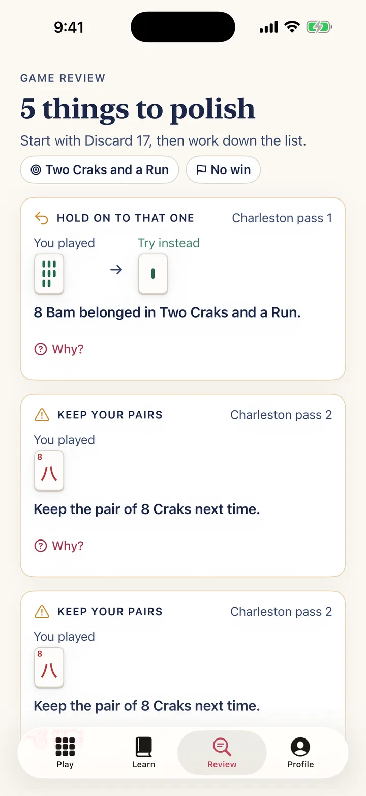 Mahj Coach game review listing coaching notes with a suggested alternative move.