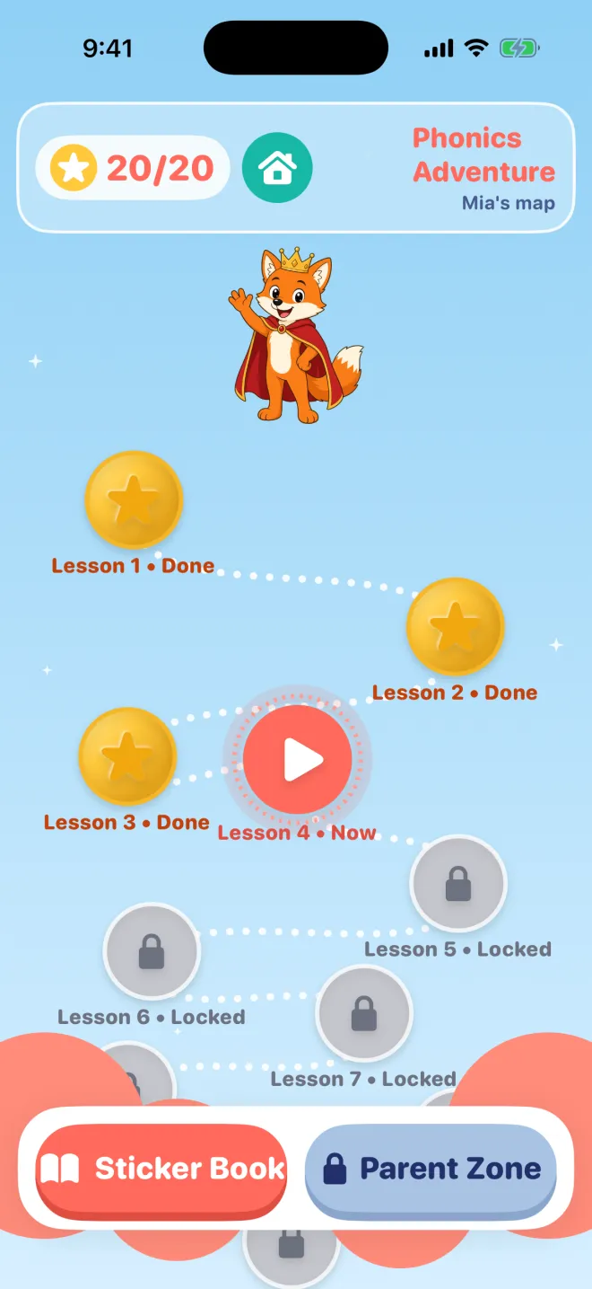 Phonics Adventure iPhone lesson map with a path of lessons and the fox mascot