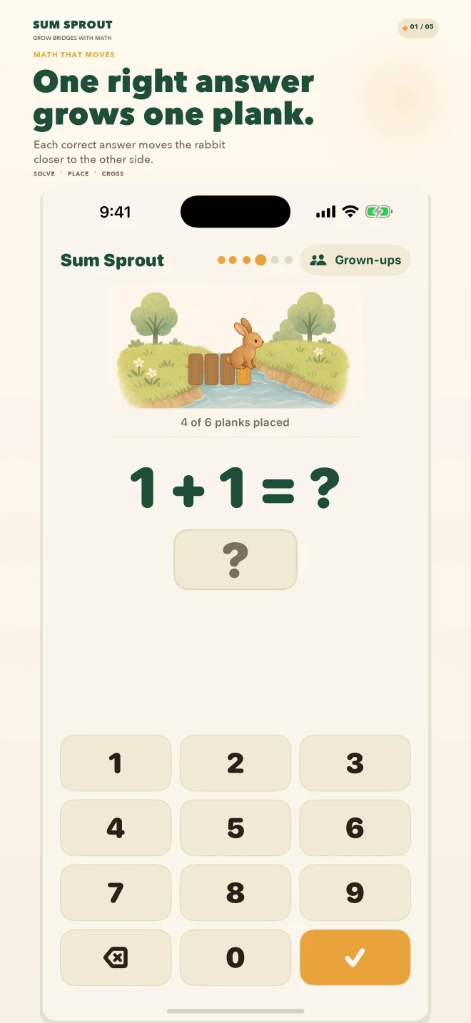 Real Sum Sprout iPhone gameplay screen: the rabbit stands on the fourth of six planks above an addition question and large number keys