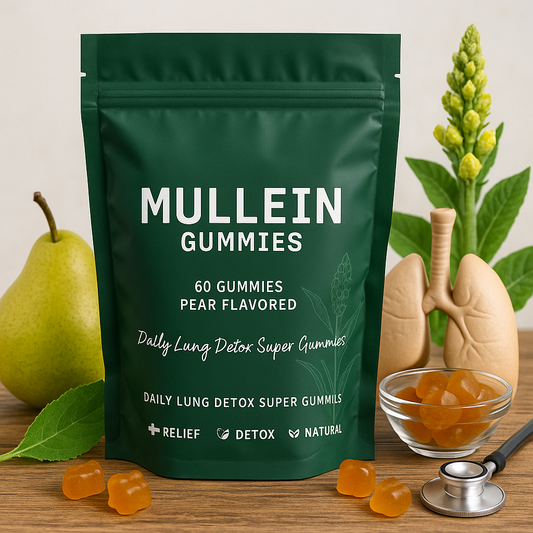 Mullein Gummies Supplements – Lung Support & Detox – 60 Gummies – Pear Flavor – Herbal Respiratory Relief Supplement – Natural, Vegan & Non-GMO