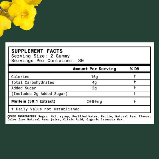 Mullein Gummies Supplements – Lung Support & Detox – 60 Gummies – Pear Flavor – Herbal Respiratory Relief Supplement – Natural, Vegan & Non-GMO