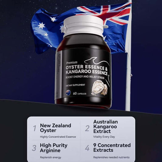 Oyster & Kangaroo Essence Supplement bottle with flag, promoting energy boost and stress relief, featuring 60 capsules.