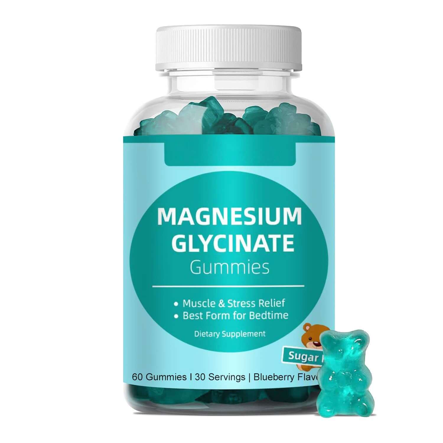 Sugar-Free Magnesium Glycinate Gummies in a bottle with blue gummies, promoting muscle recovery and stress relief.