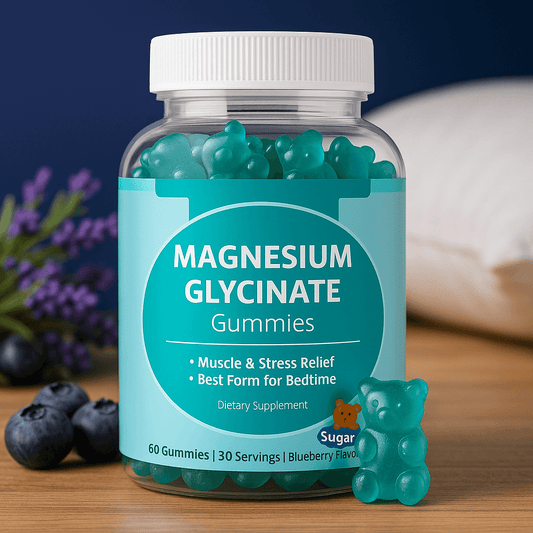 Sugar-Free Magnesium Glycinate Gummies in a jar with a blue label, promoting muscle relief and better sleep.