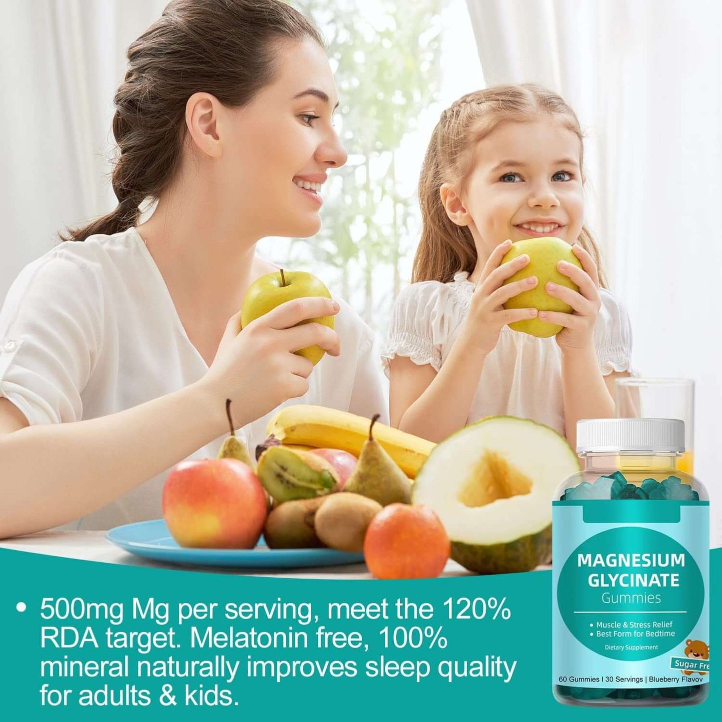 Two people enjoying healthy snacks with Magnesium Glycinate Gummies for stress relief and better sleep.