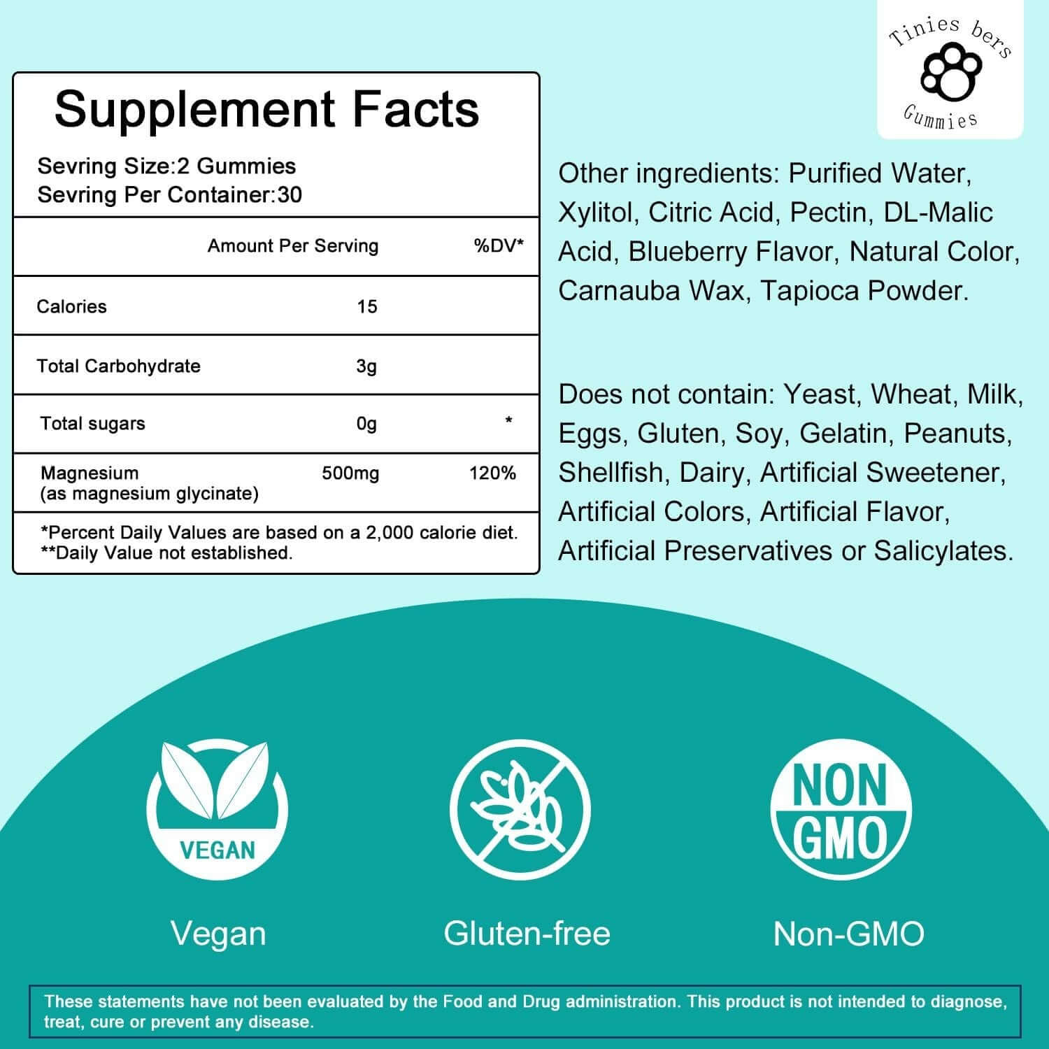 Supplement facts for Sugar-Free Magnesium Glycinate Gummies, highlighting vegan, gluten-free, and non-GMO attributes.